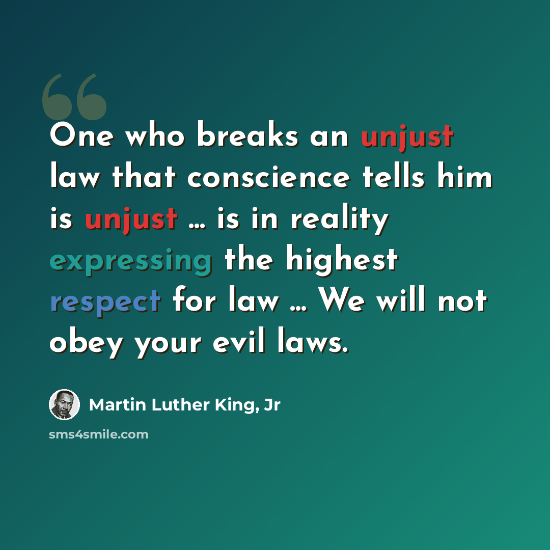 “One who breaks an unjust law that conscience tells him is unjust ... is in reality expressing the highest respect for law ... We will not obey your evil laws.” quote by Martin Luther King, Jr