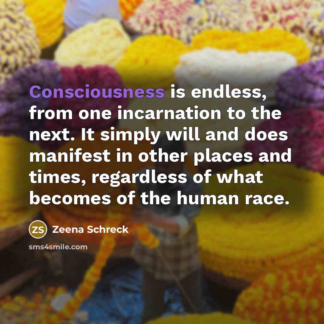 “Consciousness is endless, from one incarnation to the next. It simply will and does manifest in other places and times, regardless of what becomes of the human race.” quote by Zeena Schreck
