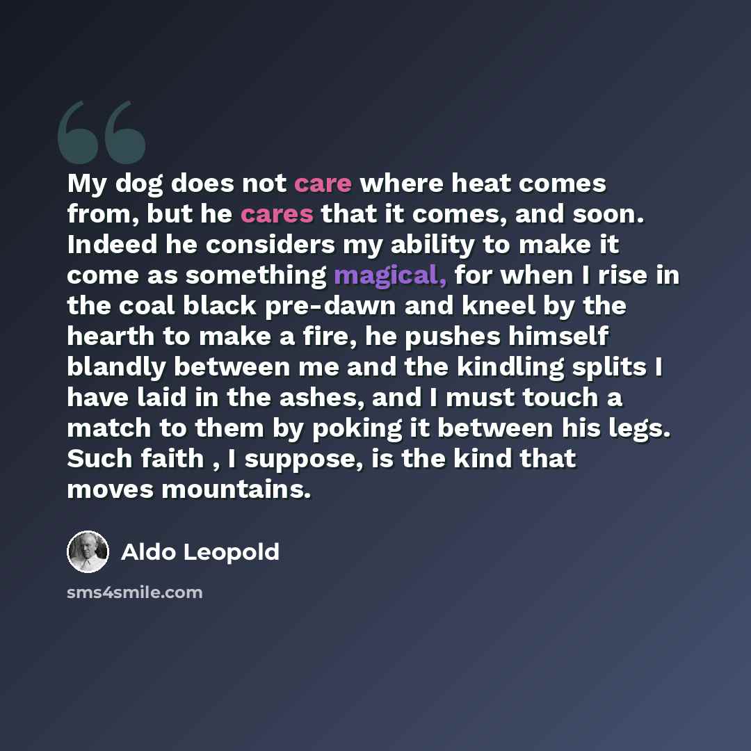 “My dog does not care where heat comes from, but he cares that it comes, and soon. Indeed he considers my ability to make it come as something magical, for when I rise in the coal black pre-dawn and kneel by the hearth to make a fire, he pushes himself blandly between me and the kindling splits I…” quote by Aldo Leopold