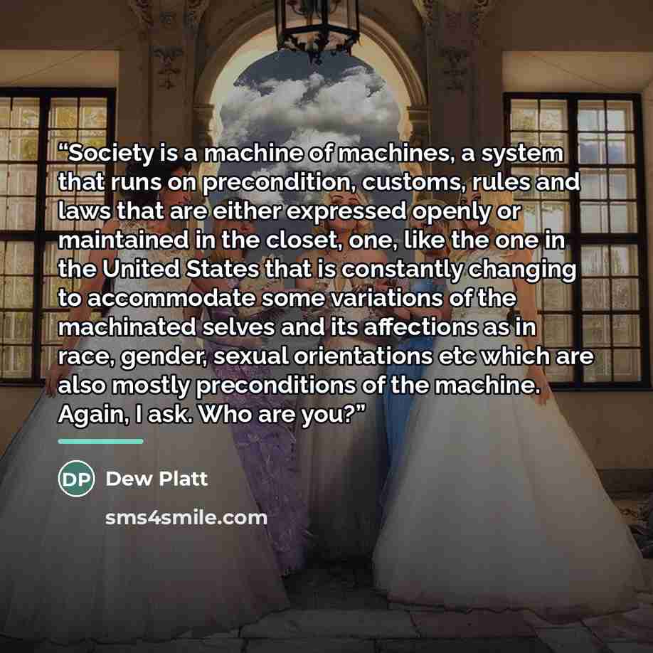 “Society is a machine of machines, a system that runs on precondition, customs, rules and laws that are either expressed openly or maintained in the closet, one, like the one in the United States that is constantly changing to accommodate some variations of the machinated selves and its affections…” quote by Dew Platt