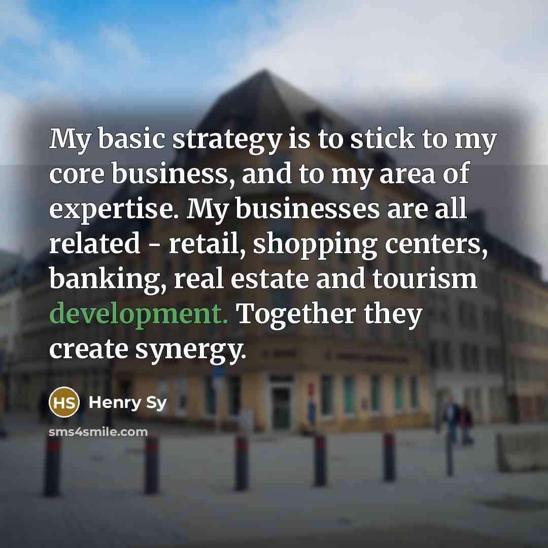 “My basic strategy is to stick to my core business, and to my area of expertise. My businesses are all related - retail, shopping centers, banking, real estate and tourism development. Together they create synergy.” quote by Henry Sy