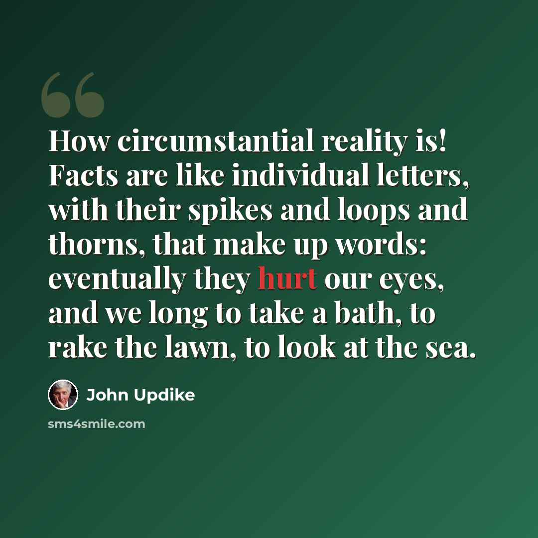“How circumstantial reality is! Facts are like individual letters, with their spikes and loops and thorns, that make up words: eventually they hurt our eyes, and we long to take a bath, to rake the lawn, to look at the sea.” quote by John Updike