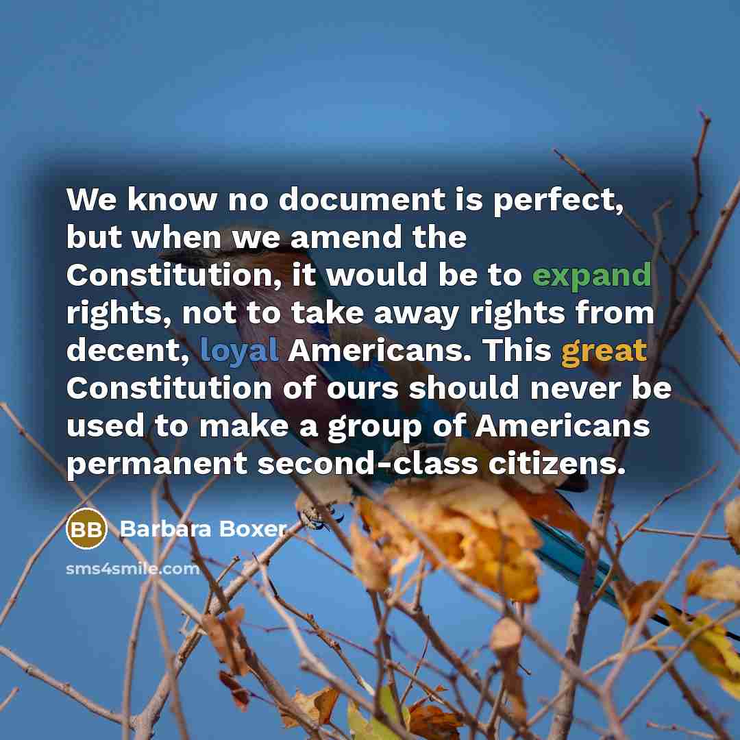 “We know no document is perfect, but when we amend the Constitution, it would be to expand rights, not to take away rights from decent, loyal Americans. This great Constitution of ours should never be used to make a group of Americans permanent second-class citizens.” quote by Barbara Boxer