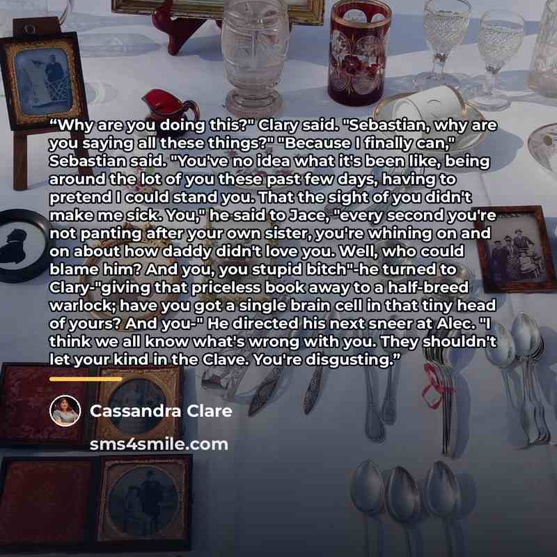 “Why are you doing this?" Clary said. "Sebastian, why are you saying all these things?" "Because I finally can," Sebastian said. "You've no idea what it's been like, being around the lot of you these past few days, having to pretend I could stand you. That the sight of you didn't make me sick…” quote by Cassandra Clare