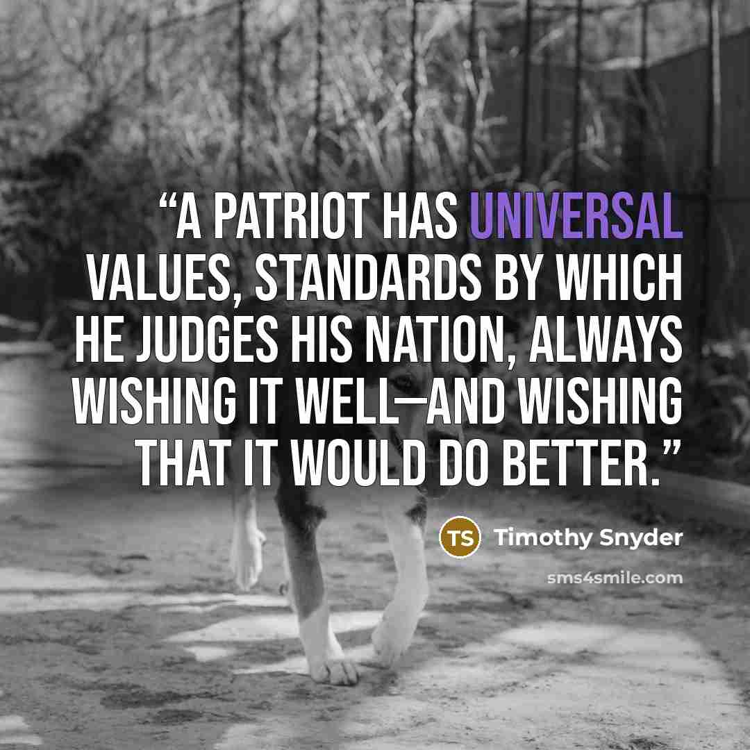 “A patriot has universal values, standards by which he judges his nation, always wishing it well—and wishing that it would do better.” quote by Timothy Snyder