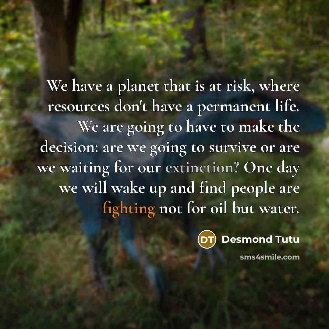 “We have a planet that is at risk, where resources don't have a permanent life. We are going to have to make the decision: are we going to survive or are we waiting for our extinction? One day we will wake up and find people are fighting not for oil but water.” quote by Desmond Tutu