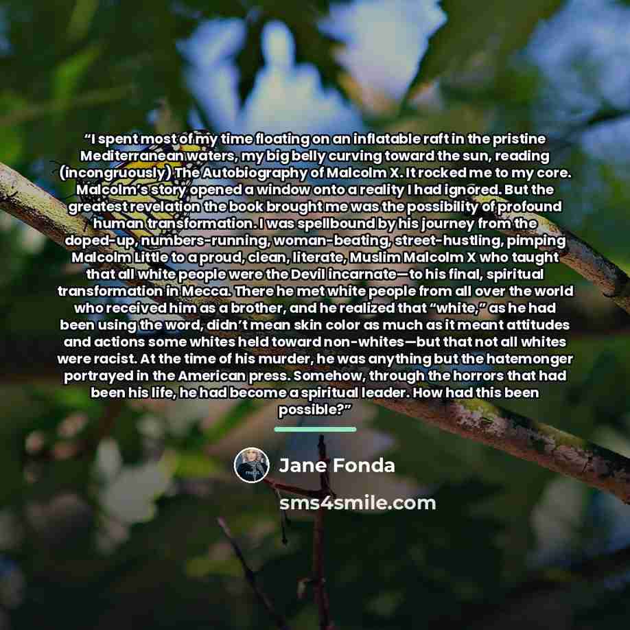 “I spent most of my time floating on an inflatable raft in the pristine Mediterranean waters, my big belly curving toward the sun, reading (incongruously) The Autobiography of Malcolm X. It rocked me to my core. Malcolm’s story opened a window onto a reality I had ignored. But the greatest…” quote by Jane Fonda