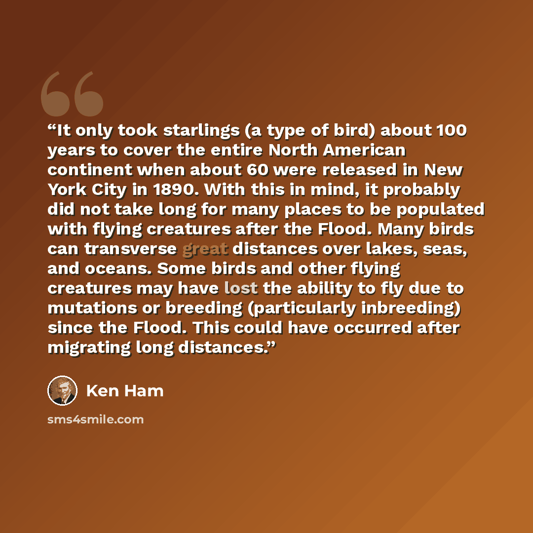 “It only took starlings (a type of bird) about 100 years to cover the entire North American continent when about 60 were released in New York City in 1890. With this in mind, it probably did not take long for many places to be populated with flying creatures after the Flood. Many birds can…” quote by Ken Ham