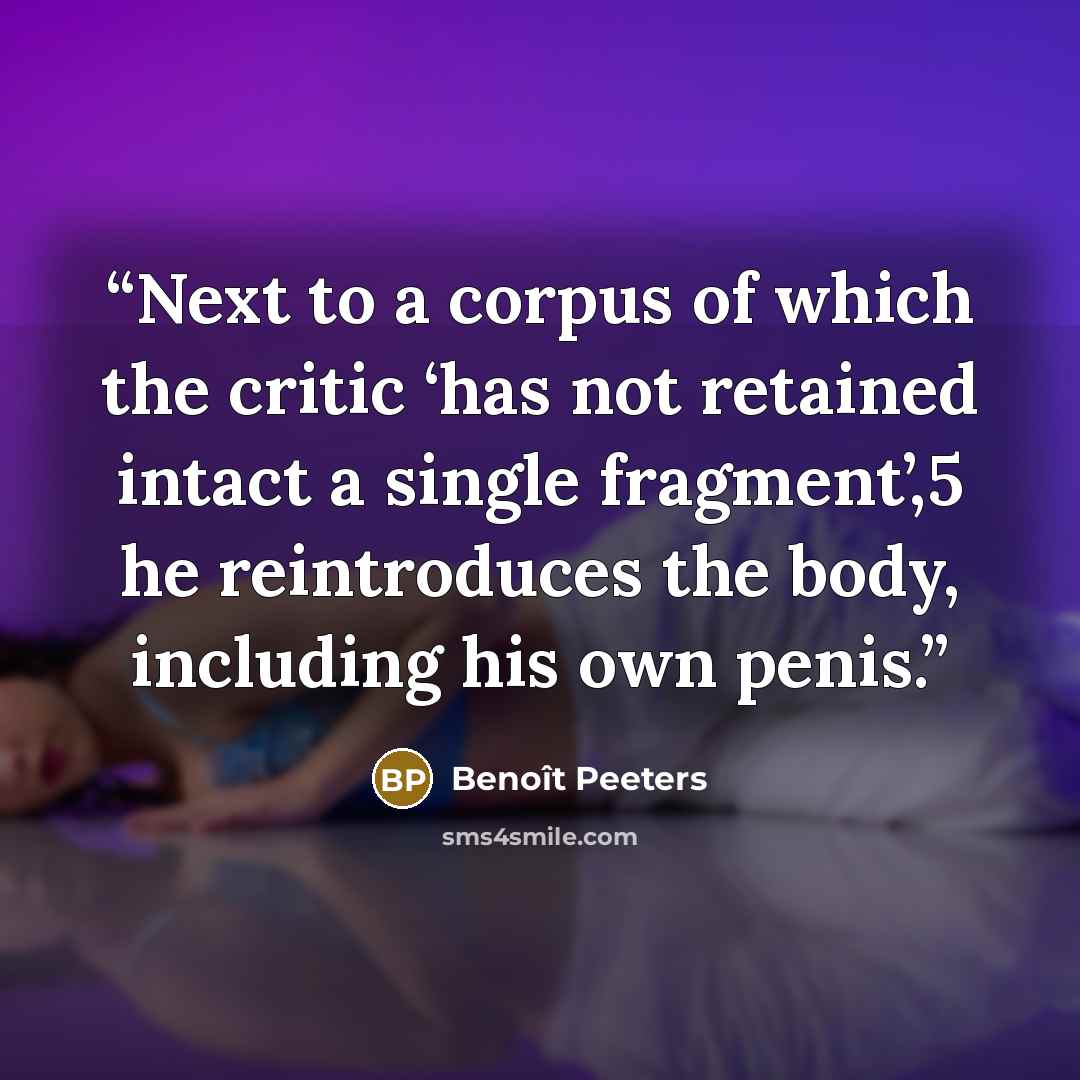 “Next to a corpus of which the critic ‘has not retained intact a single fragment’,5 he reintroduces the body, including his own penis.” quote by Benoît Peeters
