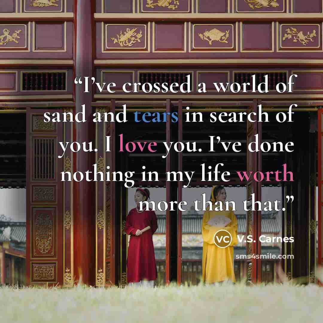 “I’ve crossed a world of sand and tears in search of you. I love you. I’ve done nothing in my life worth more than that.” quote by V.S. Carnes