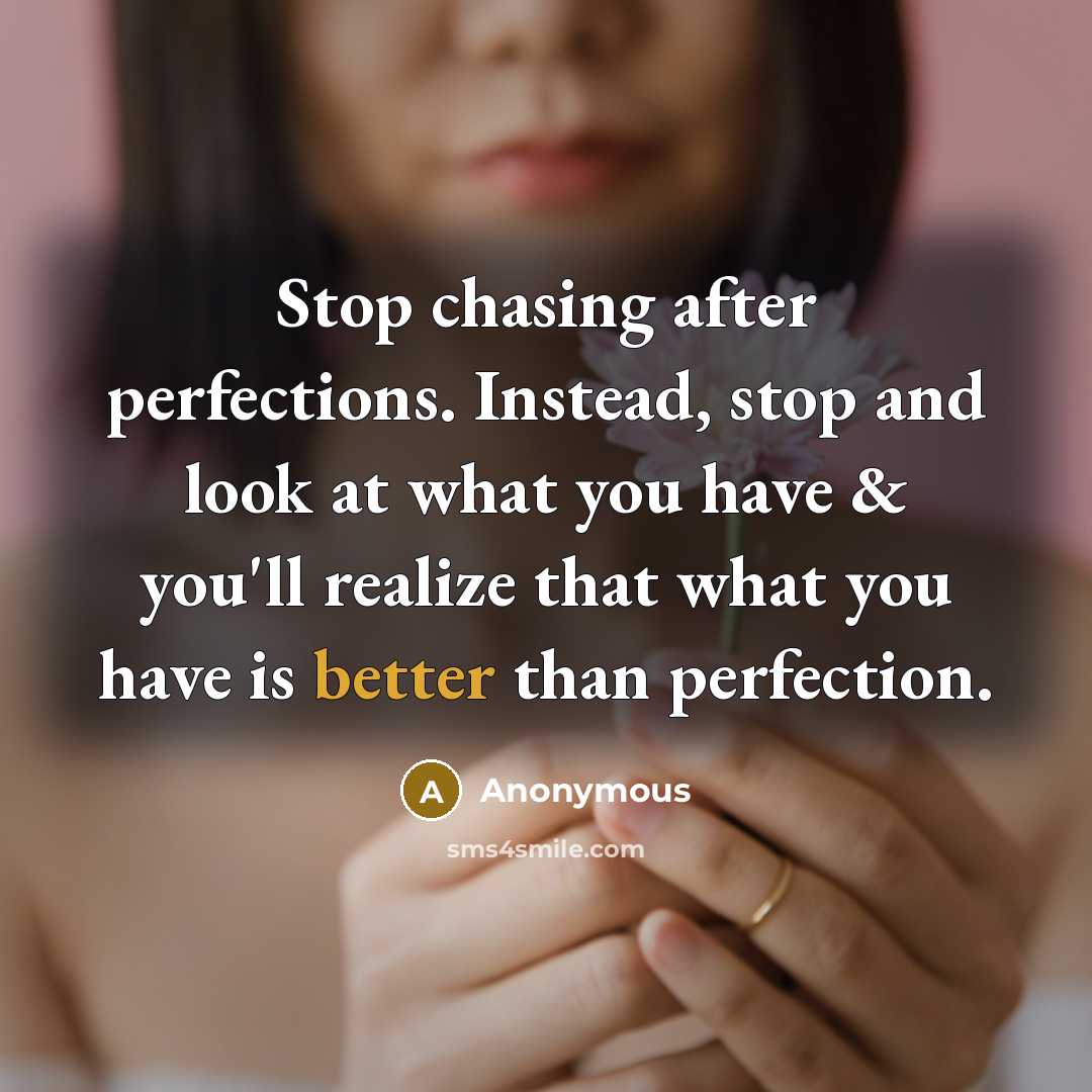 “Stop chasing after perfections. Instead, stop and look at what you have & you'll realize that what you have is better than perfection.” quote by Anonymous