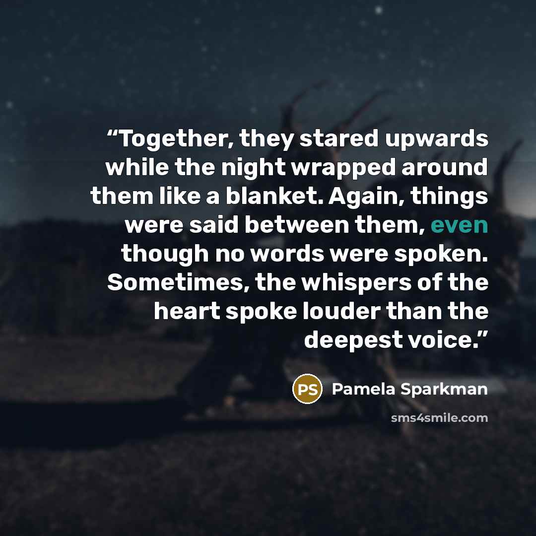 “Together, they stared upwards while the night wrapped around them like a blanket. Again, things were said between them, even though no words were spoken. Sometimes, the whispers of the heart spoke louder than the deepest voice.” quote by Pamela Sparkman