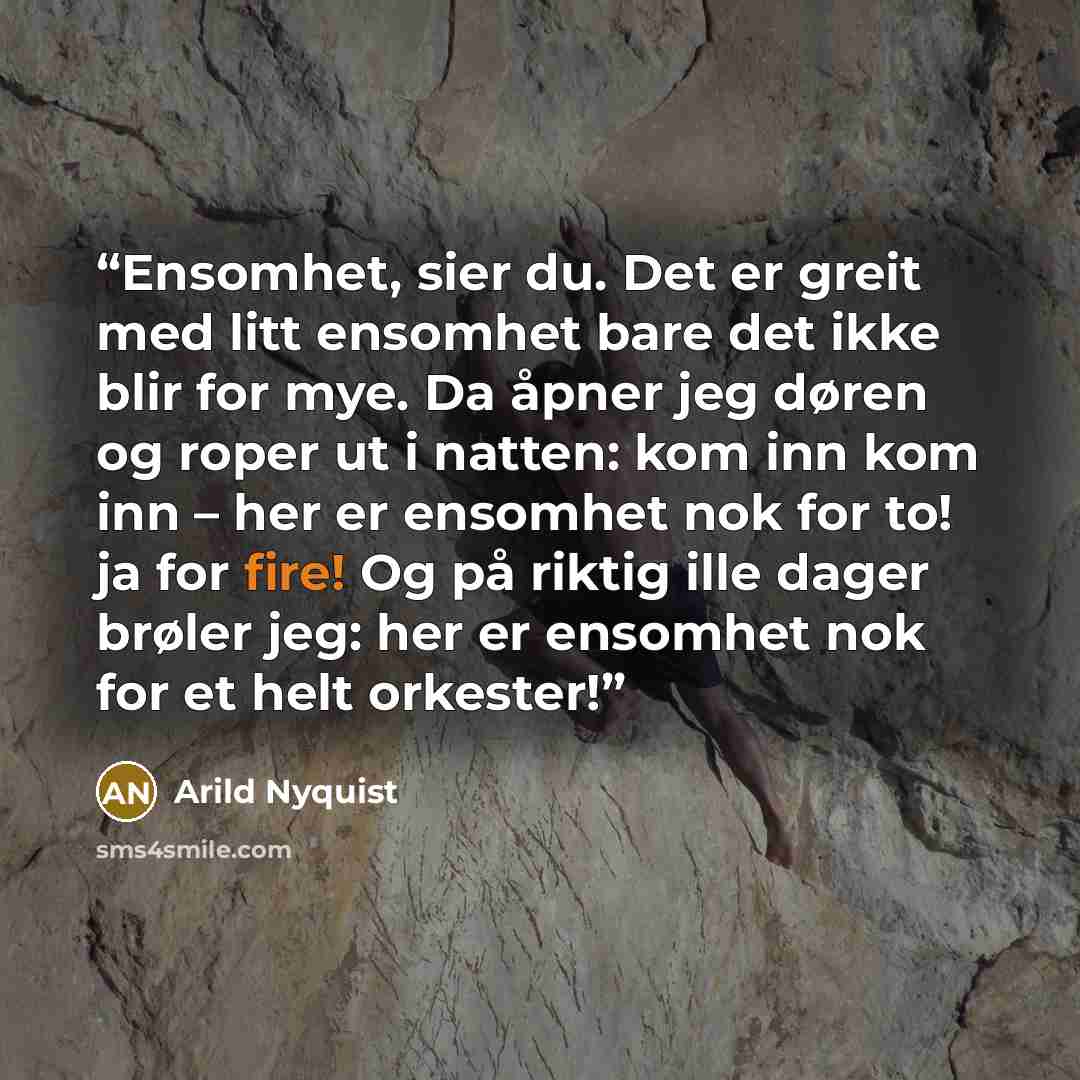“Ensomhet, sier du. Det er greit med litt ensomhet bare det ikke blir for mye. Da åpner jeg døren og roper ut i natten: kom inn kom inn – her er ensomhet nok for to! ja for fire! Og på riktig ille dager brøler jeg: her er ensomhet nok for et helt orkester!” quote by Arild Nyquist