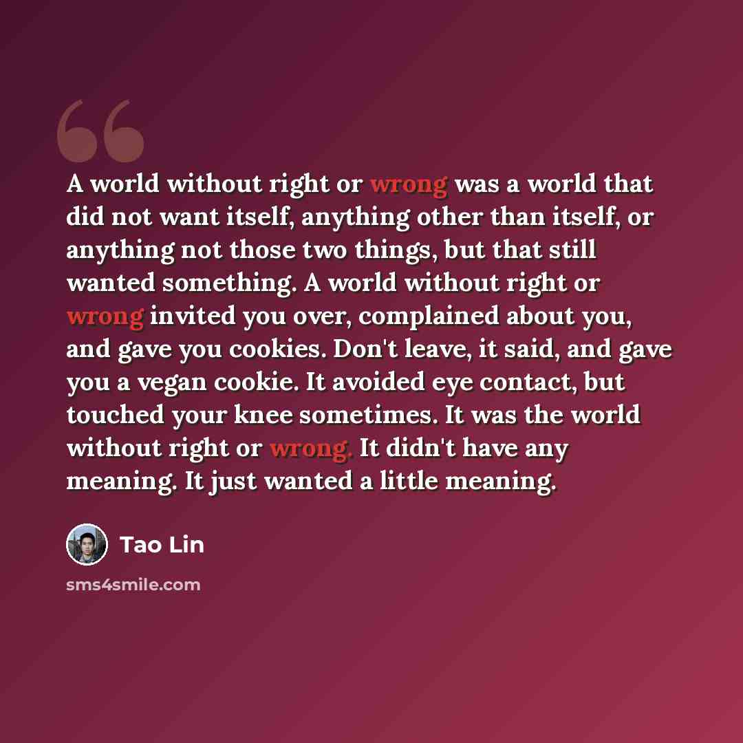 “A world without right or wrong was a world that did not want itself, anything other than itself, or anything not those two things, but that still wanted something. A world without right or wrong invited you over, complained about you, and gave you cookies. Don't leave, it said, and gave you a…” quote by Tao Lin