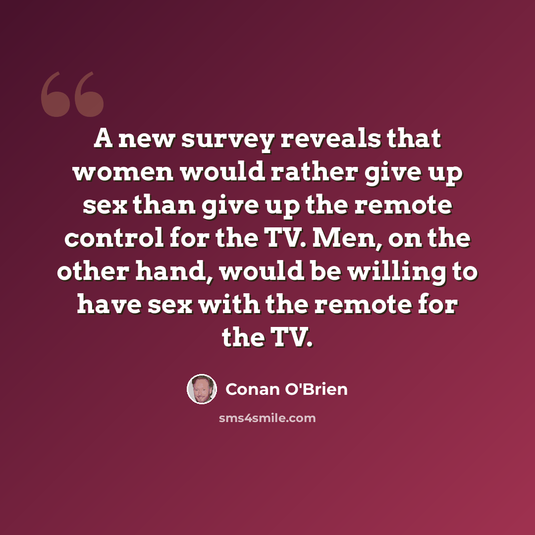 “A new survey reveals that women would rather give up sex than give up the remote control for the TV. Men, on the other hand, would be willing to have sex with the remote for the TV.” quote by Conan O'Brien