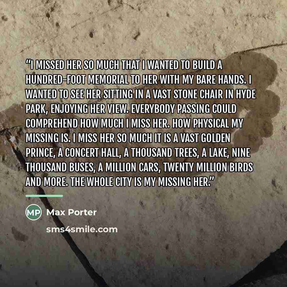 “I missed her so much that I wanted to build a hundred-foot memorial to her with my bare hands. I wanted to see her sitting in a vast stone chair in Hyde Park, enjoying her view. Everybody passing could comprehend how much I miss her. How physical my missing is. I miss her so much it is a vast…” quote by Max Porter