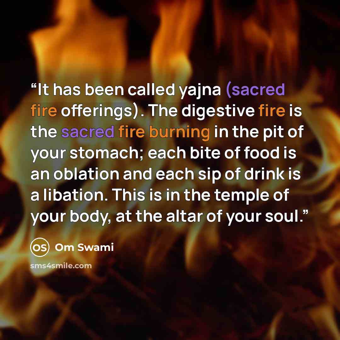 “It has been called yajna (sacred fire offerings). The digestive fire is the sacred fire burning in the pit of your stomach; each bite of food is an oblation and each sip of drink is a libation. This is in the temple of your body, at the altar of your soul.” quote by Om Swami