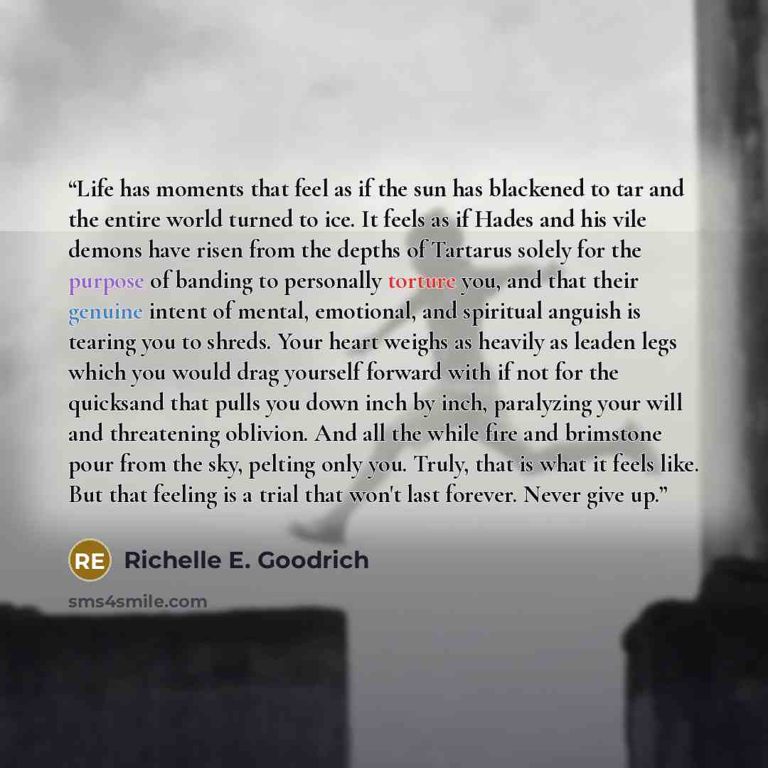 “Life has moments that feel as if the sun has blackened to tar and the entire world turned to ice. It feels as if Hades and his vile demons have risen from the depths of Tartarus solely for the purpose of banding to personally torture you, and that their genuine intent of mental, emotional, and…” quote by Richelle E. Goodrich