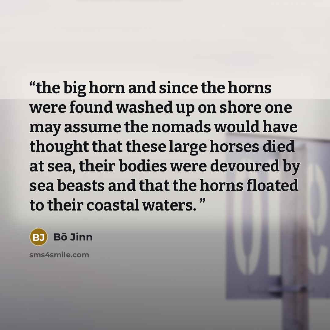 “the big horn and since the horns were found washed up on shore one may assume the nomads would have thought that these large horses died at sea, their bodies were devoured by sea beasts and that the horns floated to their coastal waters.” quote by Bō Jinn