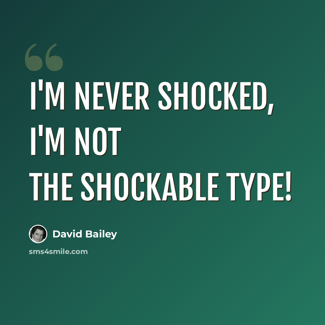 “I'm never shocked, I'm not the shockable type!” quote by David Bailey