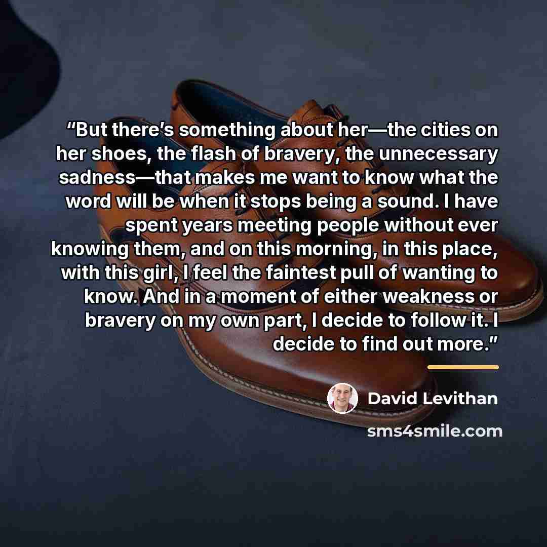 “But there’s something about her—the cities on her shoes, the flash of bravery, the unnecessary sadness—that makes me want to know what the word will be when it stops being a sound. I have spent years meeting people without ever knowing them, and on this morning, in this place, with this girl, I…” quote by David Levithan