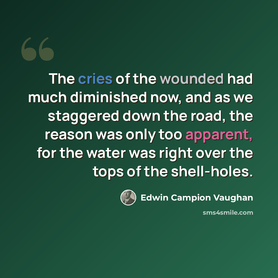 “The cries of the wounded had much diminished now, and as we staggered down the road, the reason was only too apparent, for the water was right over the tops of the shell-holes.” quote by Edwin Campion Vaughan