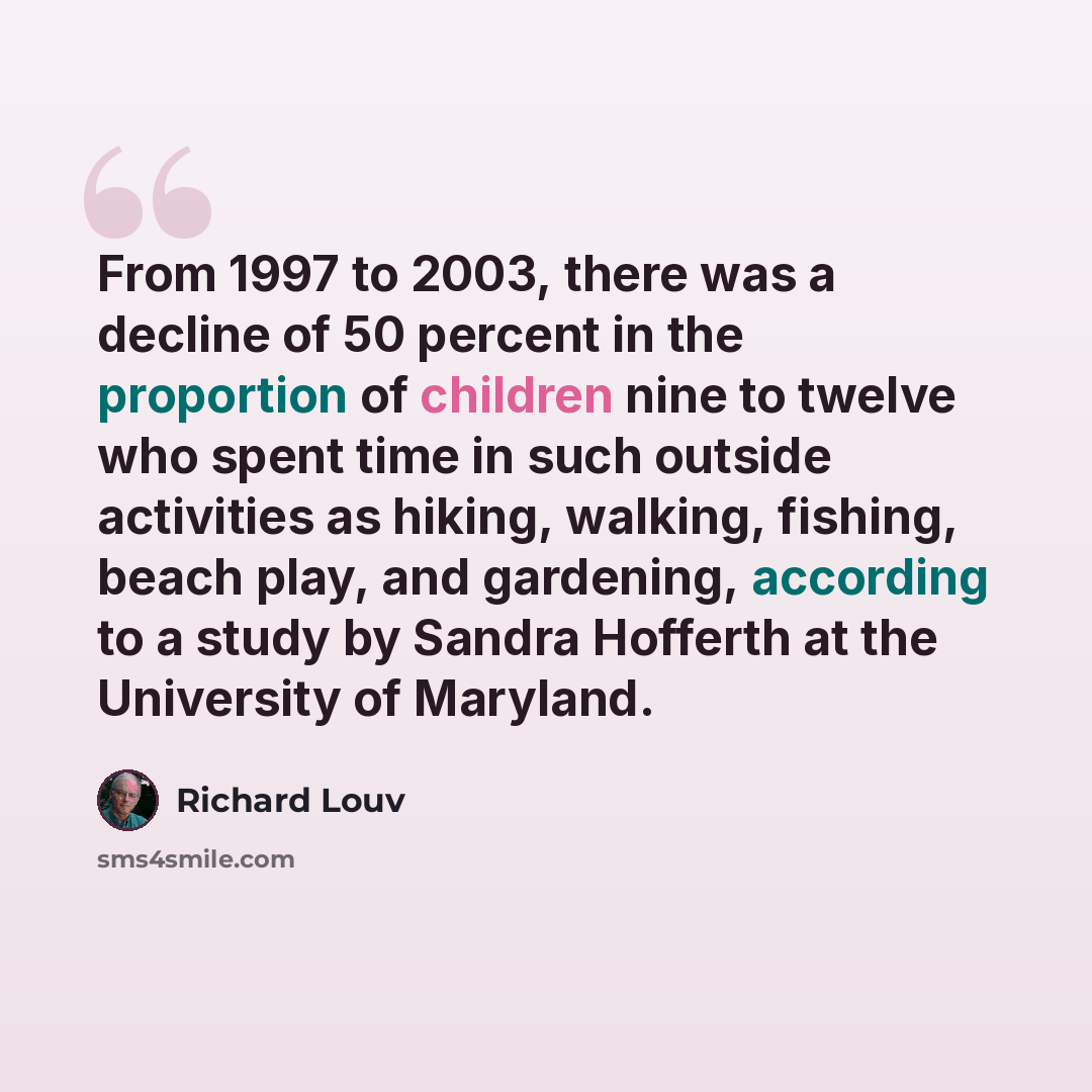“From 1997 to 2003, there was a decline of 50 percent in the proportion of children nine to twelve who spent time in such outside activities as hiking, walking, fishing, beach play, and gardening, according to a study by Sandra Hofferth at the University of Maryland.” quote by Richard Louv