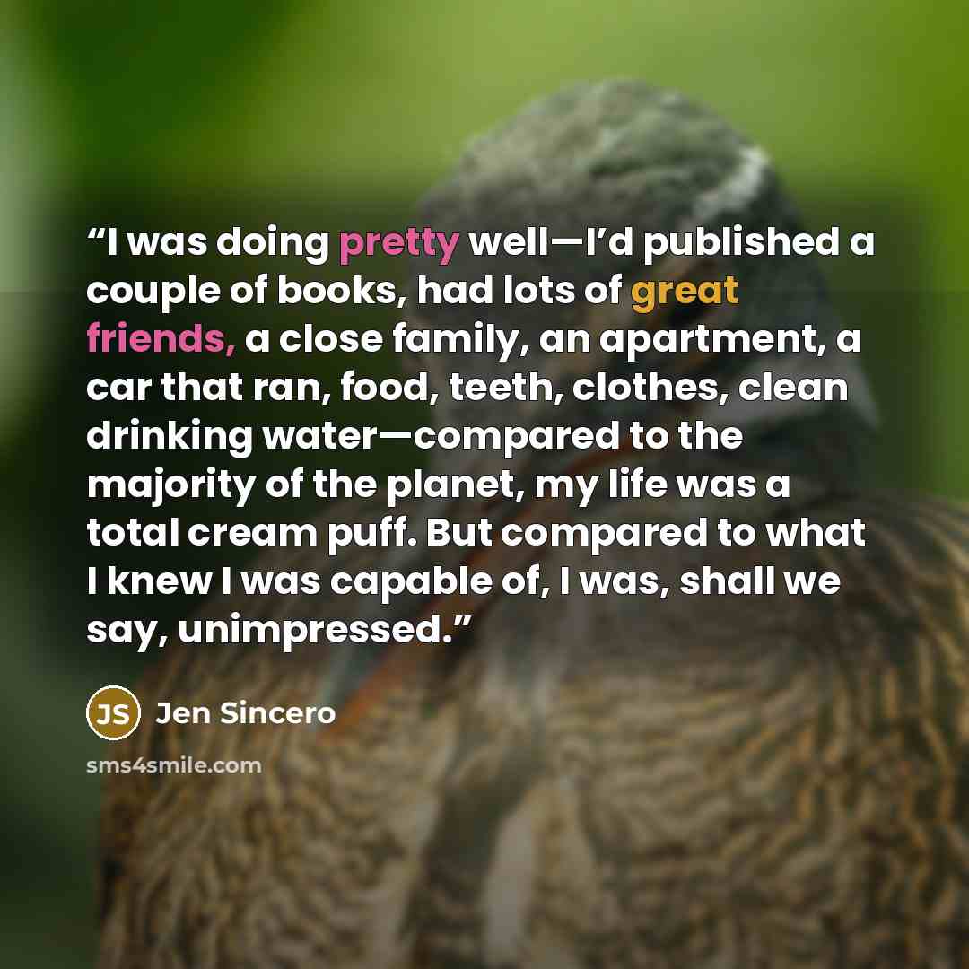 “I was doing pretty well—I’d published a couple of books, had lots of great friends, a close family, an apartment, a car that ran, food, teeth, clothes, clean drinking water—compared to the majority of the planet, my life was a total cream puff. But compared to what I knew I was capable of, I was…” quote by Jen Sincero