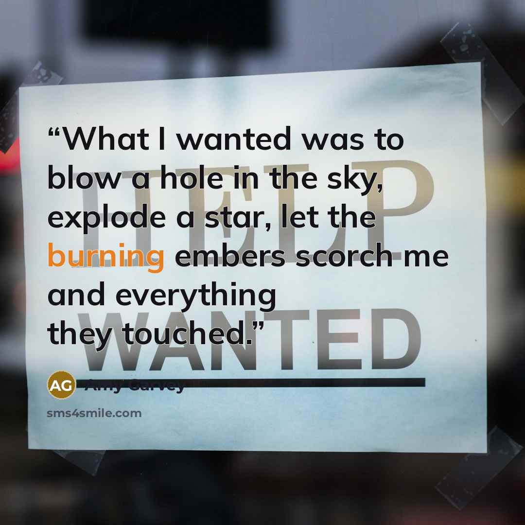“What I wanted was to blow a hole in the sky, explode a star, let the burning embers scorch me and everything they touched.” quote by Amy Garvey