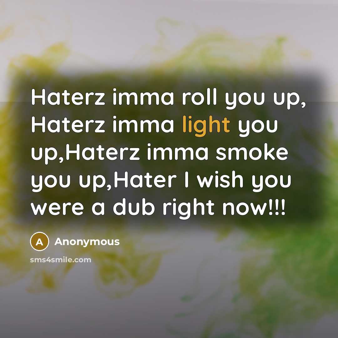 “Haterz imma roll you up, Haterz imma light you up,Haterz imma smoke you up,Hater I wish you were a dub right now!!!” quote by Anonymous