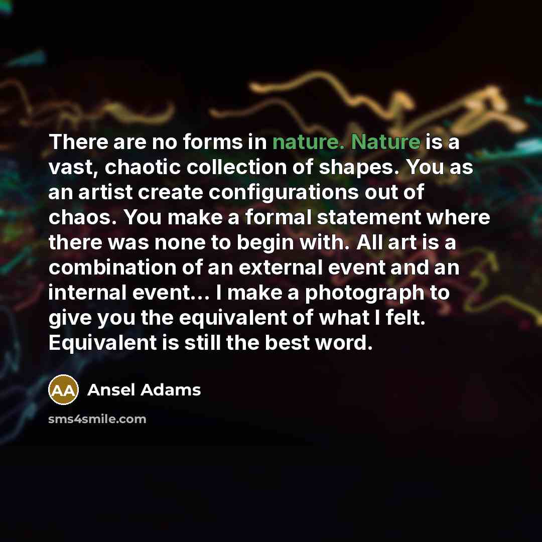 “There are no forms in nature. Nature is a vast, chaotic collection of shapes. You as an artist create configurations out of chaos. You make a formal statement where there was none to begin with. All art is a combination of an external event and an internal event… I make a photograph to give you…” quote by Ansel Adams