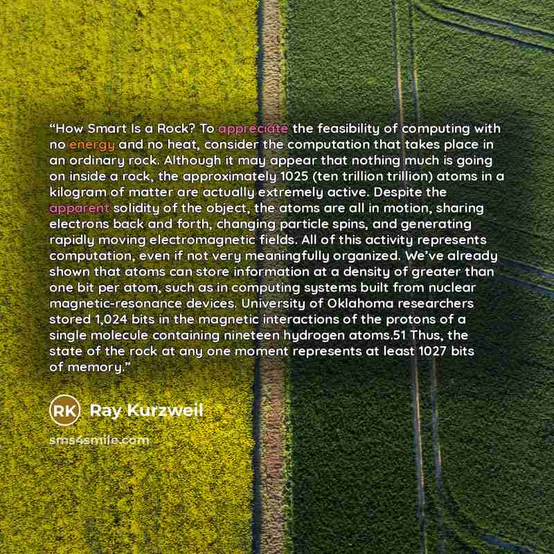 “How Smart Is a Rock? To appreciate the feasibility of computing with no energy and no heat, consider the computation that takes place in an ordinary rock. Although it may appear that nothing much is going on inside a rock, the approximately 1025 (ten trillion trillion) atoms in a kilogram of…” quote by Ray Kurzweil
