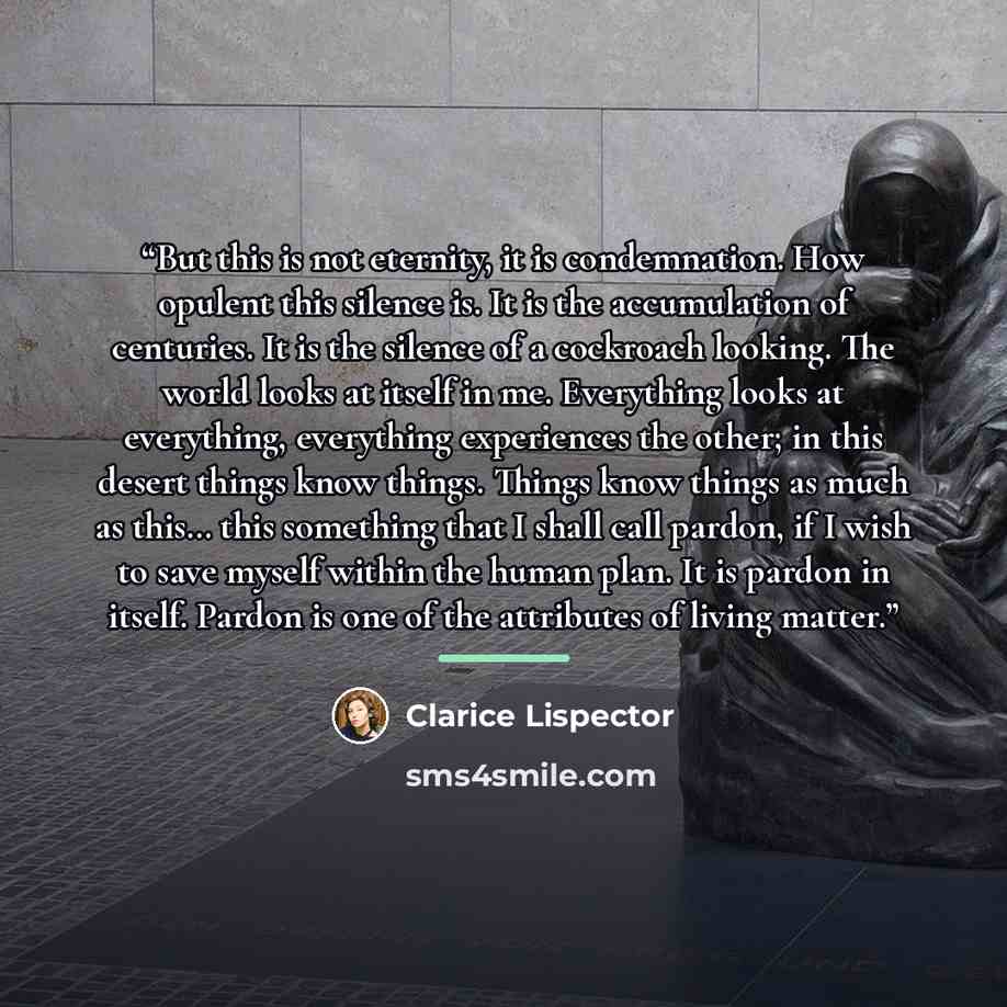 “But this is not eternity, it is condemnation. How opulent this silence is. It is the accumulation of centuries. It is the silence of a cockroach looking. The world looks at itself in me. Everything looks at everything, everything experiences the other; in this desert things know things. Things…” quote by Clarice Lispector