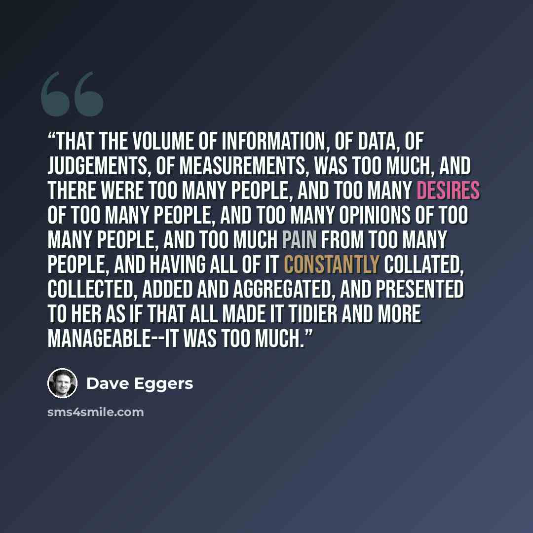 “That the volume of information, of data, of judgements, of measurements, was too much, and there were too many people, and too many desires of too many people, and too many opinions of too many people, and too much pain from too many people, and having all of it constantly collated, collected…” quote by Dave Eggers