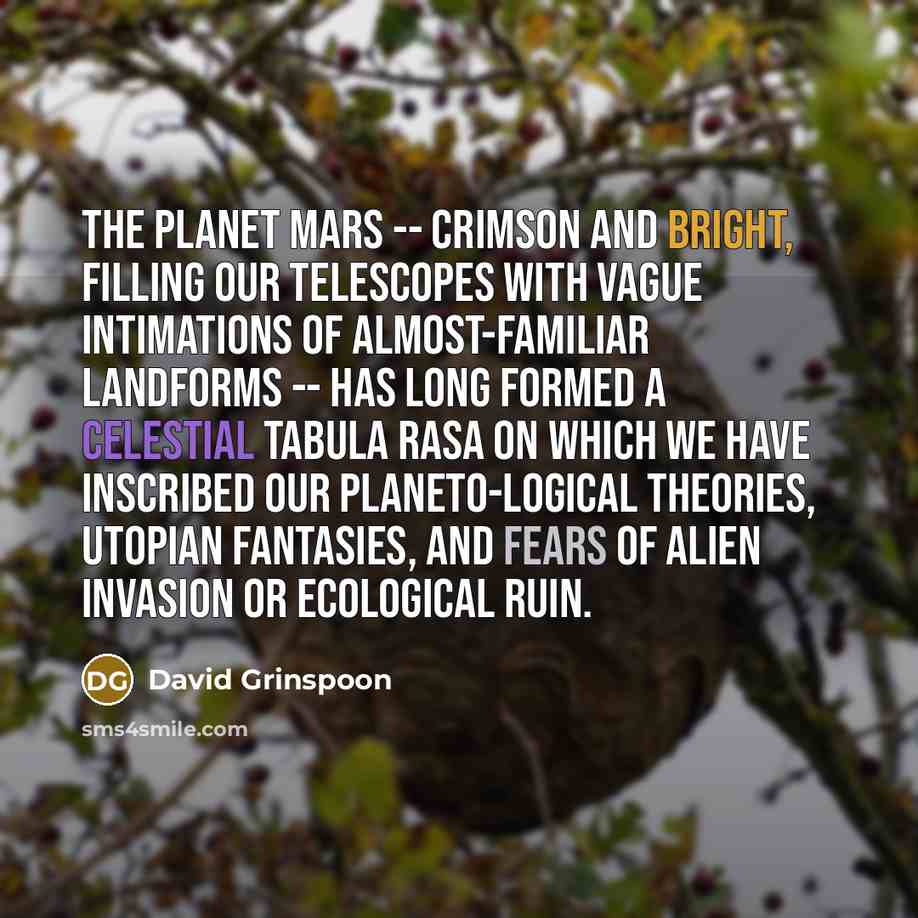 “The planet Mars -- crimson and bright, filling our telescopes with vague intimations of almost-familiar landforms -- has long formed a celestial tabula rasa on which we have inscribed our planeto-logical theories, utopian fantasies, and fears of alien invasion or ecological ruin.” quote by David Grinspoon