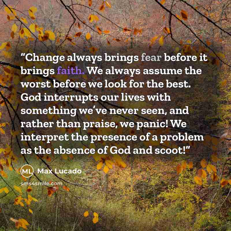 “Change always brings fear before it brings faith. We always assume the worst before we look for the best. God interrupts our lives with something we’ve never seen, and rather than praise, we panic! We interpret the presence of a problem as the absence of God and scoot!” quote by Max Lucado