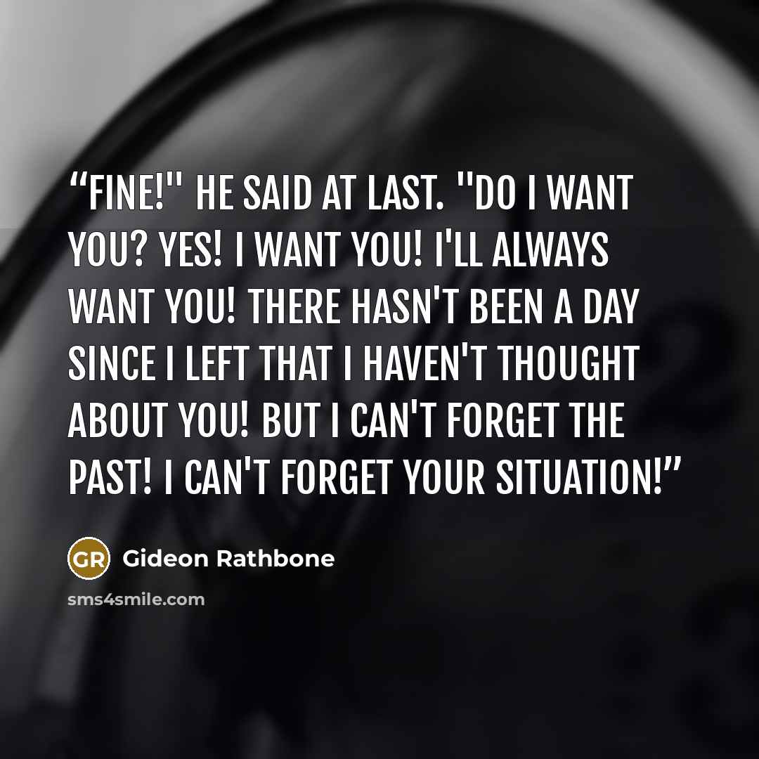 “Fine!" he said at last. "Do I want you? YES! I want you! I'll always want you! There hasn't been a day since I left that I haven't thought about you! But I can't forget the past! I can't forget your situation!” quote by Gideon Rathbone