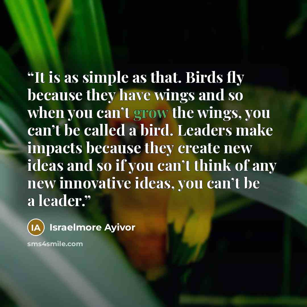 “It is as simple as that. Birds fly because they have wings and so when you can’t grow the wings, you can’t be called a bird. Leaders make impacts because they create new ideas and so if you can’t think of any new innovative ideas, you can’t be a leader.” quote by Israelmore Ayivor