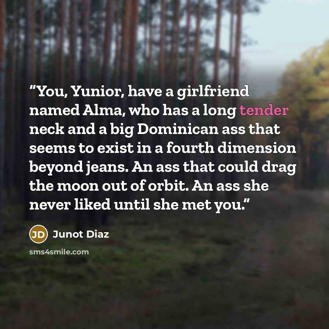 “You, Yunior, have a girlfriend named Alma, who has a long tender neck and a big Dominican ass that seems to exist in a fourth dimension beyond jeans. An ass that could drag the moon out of orbit. An ass she never liked until she met you.” quote by Junot Díaz