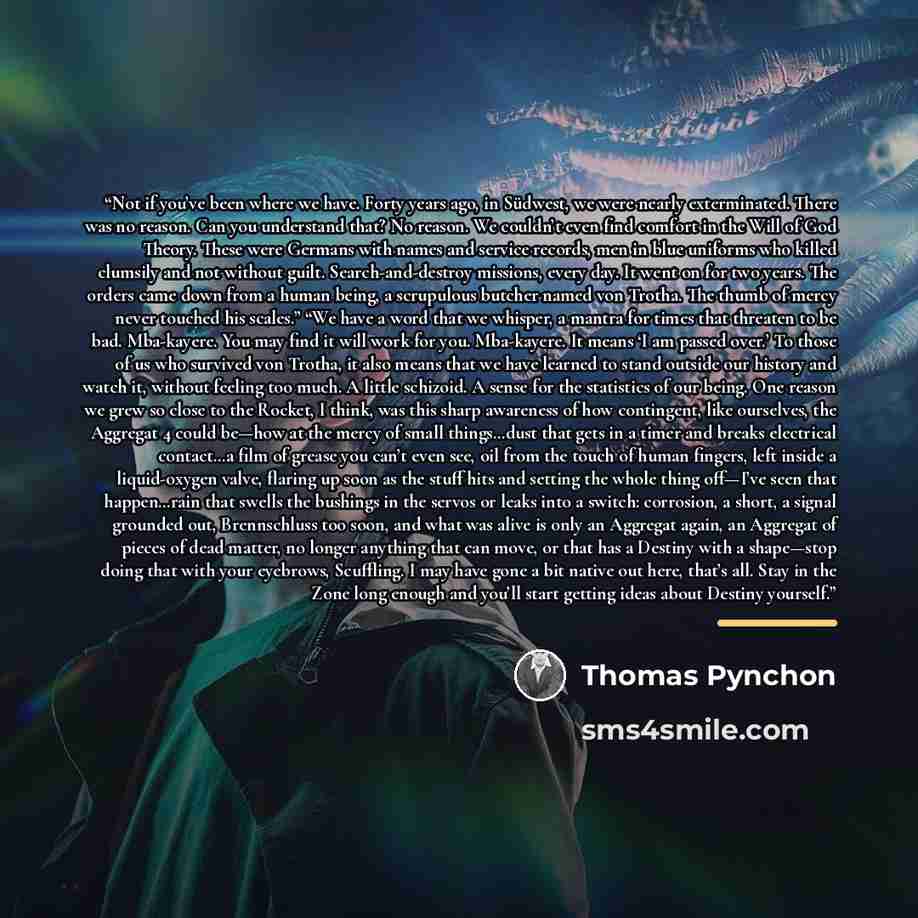 “Not if you’ve been where we have. Forty years ago, in Südwest, we were nearly exterminated. There was no reason. Can you understand that? No reason. We couldn’t even find comfort in the Will of God Theory. These were Germans with names and service records, men in blue uniforms who killed clumsily…” quote by Thomas Pynchon