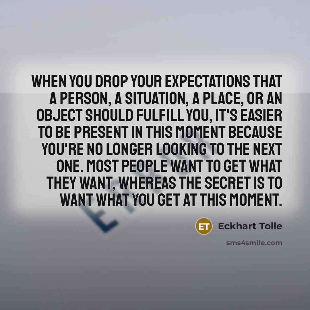 “When you drop your expectations that a person, a situation, a place, or an object should fulfill you, it's easier to be present in this moment because you're no longer looking to the next one. Most people want to get what they want, whereas the secret is to want what you get at this moment.” quote by Eckhart Tolle