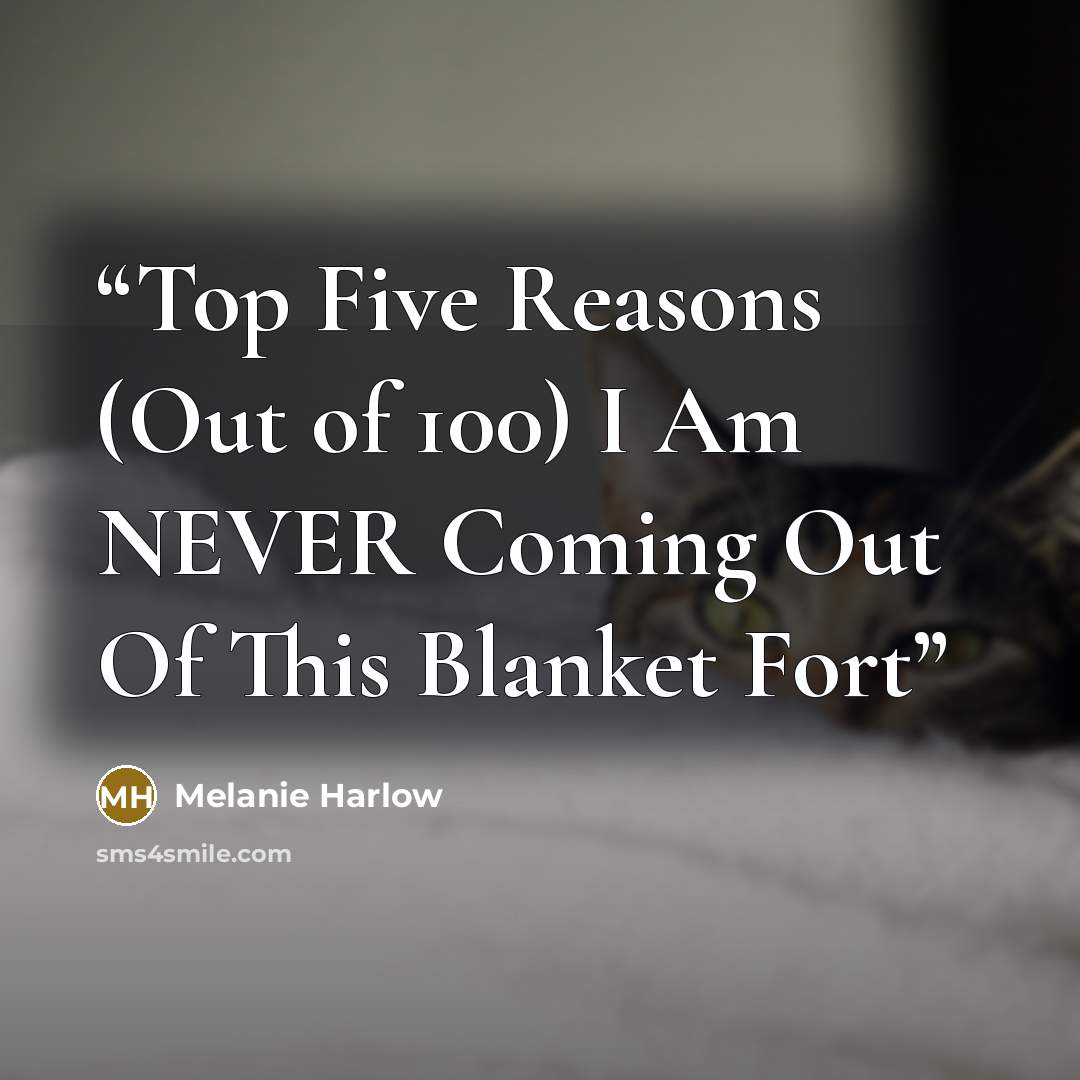“Top Five Reasons (Out of 100) I Am NEVER Coming Out Of This Blanket Fort” quote by Melanie Harlow