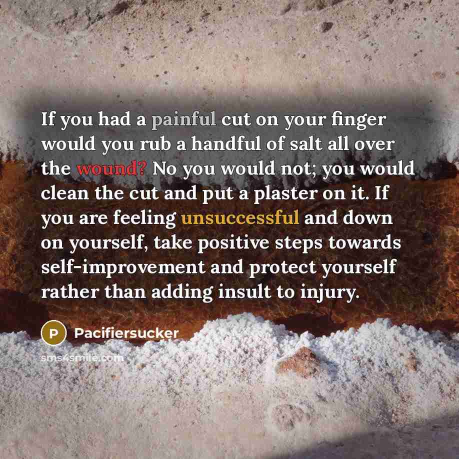 “If you had a painful cut on your finger would you rub a handful of salt all over the wound? No you would not; you would clean the cut and put a plaster on it. If you are feeling unsuccessful and down on yourself, take positive steps towards self-improvement and protect yourself rather than adding…” quote by Pacifiersucker