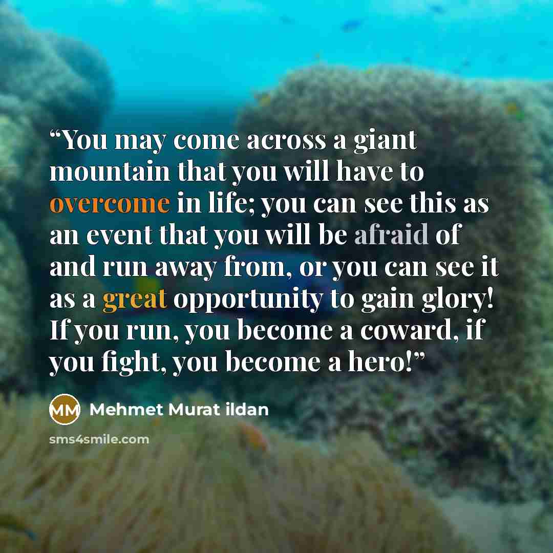 “You may come across a giant mountain that you will have to overcome in life; you can see this as an event that you will be afraid of and run away from, or you can see it as a great opportunity to gain glory! If you run, you become a coward, if you fight, you become a hero!” quote by Mehmet Murat ildan