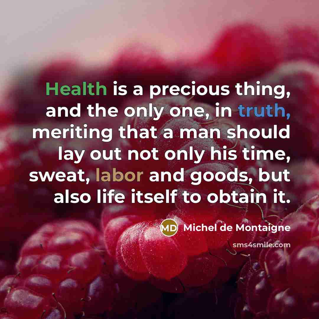 “Health is a precious thing, and the only one, in truth, meriting that a man should lay out not only his time, sweat, labor and goods, but also life itself to obtain it.” quote by Michel de Montaigne