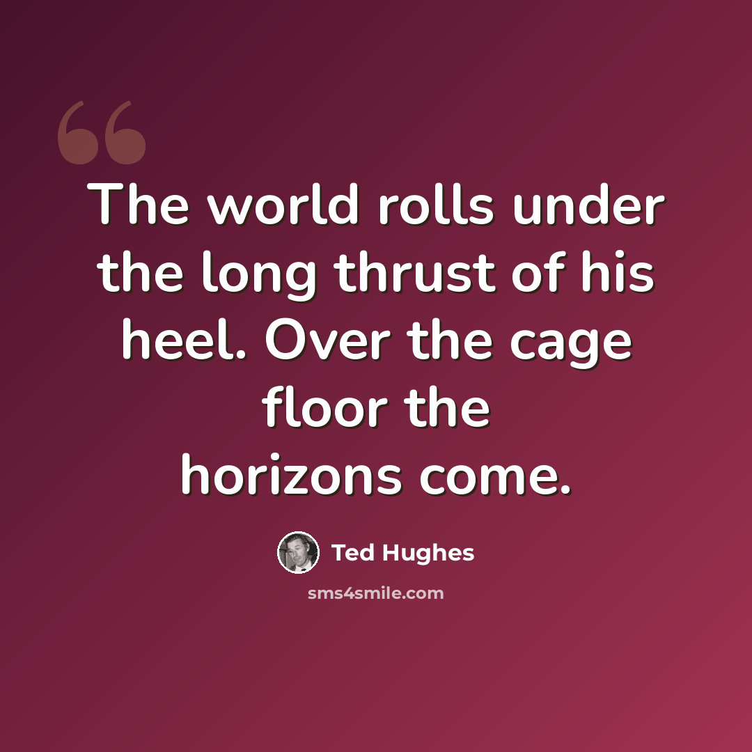 “The world rolls under the long thrust of his heel. Over the cage floor the horizons come.” quote by Ted Hughes
