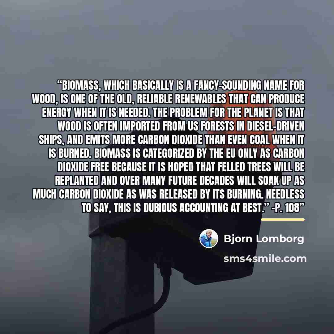 “Biomass, which basically is a fancy-sounding name for wood, is one of the old, reliable renewables that can produce energy when it is needed. The problem for the planet is that wood is often imported from US forests in diesel-driven ships, and emits MORE carbon dioxide than even coal when it is…” quote by Bjorn Lomborg
