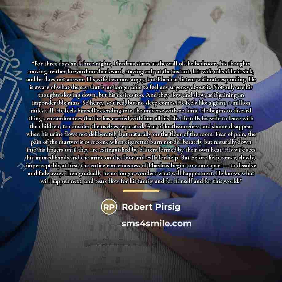 “For three days and three nights, Phædrus stares at the wall of the bedroom, his thoughts moving neither forward nor backward, staying only at the instant. His wife asks if he is sick, and he does not answer. His wife becomes angry, but Phædrus listens without responding. He is aware of what she…” quote by Robert Pirsig
