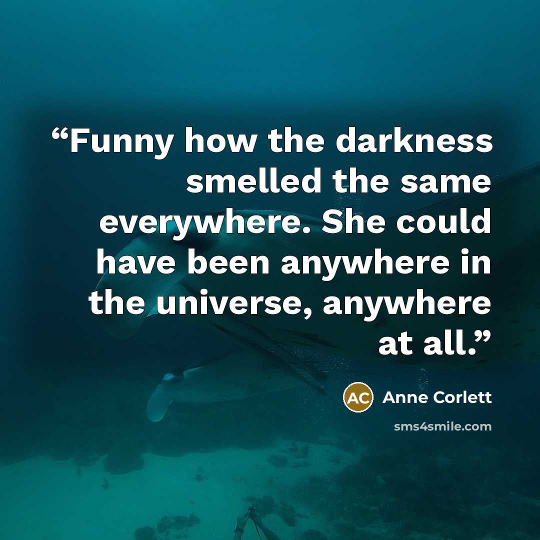 “Funny how the darkness smelled the same everywhere. She could have been anywhere in the universe, anywhere at all.” quote by Anne Corlett
