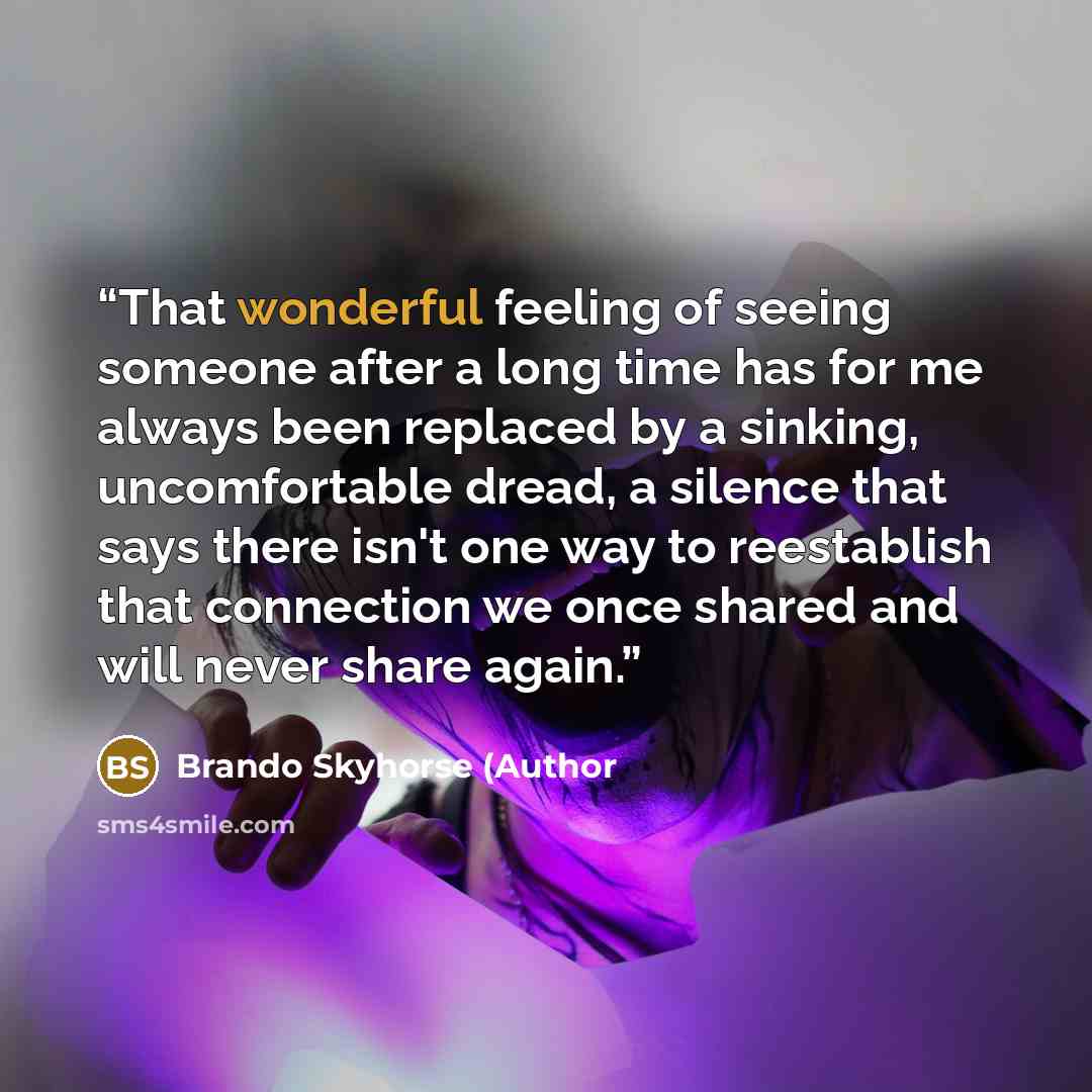 “That wonderful feeling of seeing someone after a long time has for me always been replaced by a sinking, uncomfortable dread, a silence that says there isn't one way to reestablish that connection we once shared and will never share again.” quote by Brando Skyhorse (Author